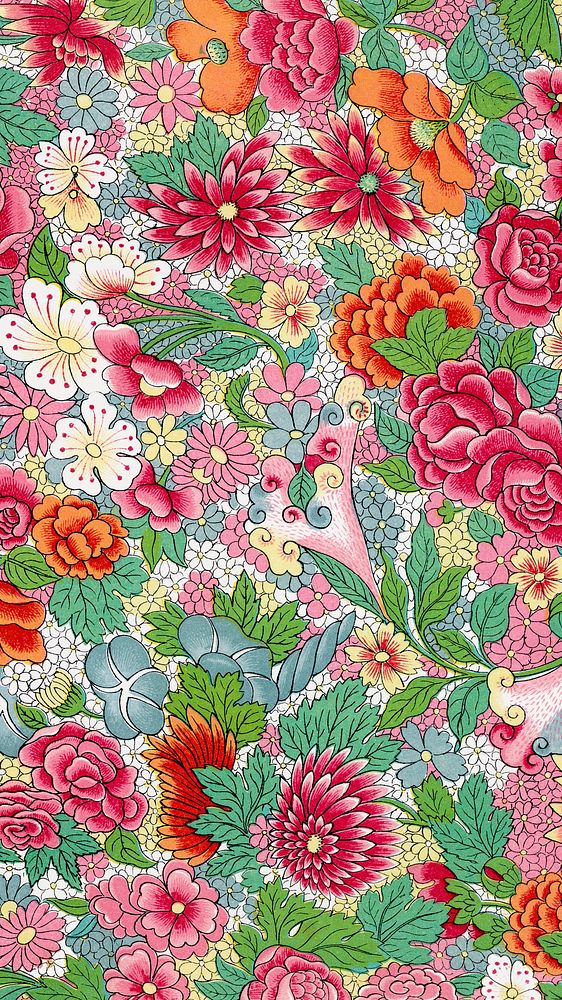 Colorful flower patterned mobile wallpaper, Owen Jones's famous artwork, remixed by rawpixel