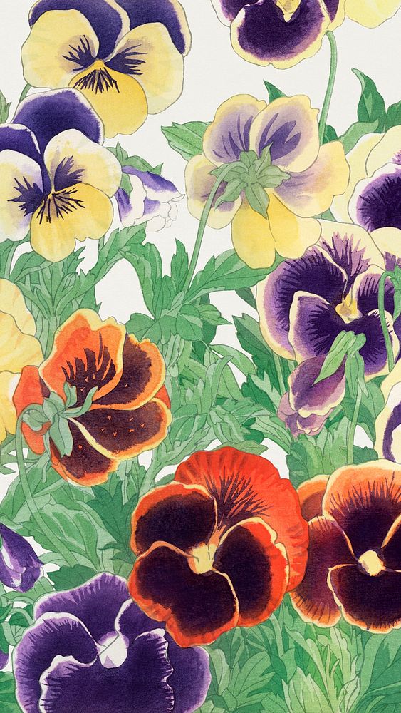 Vintage pansy flower mobile wallpaper, Tanigami K&ocirc;nan's ukiyo e artwork, remixed by rawpixel