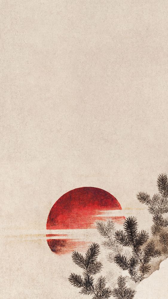 Hokusai's Japanese sunset mobile wallpaper, beige nature background, remixed by rawpixel