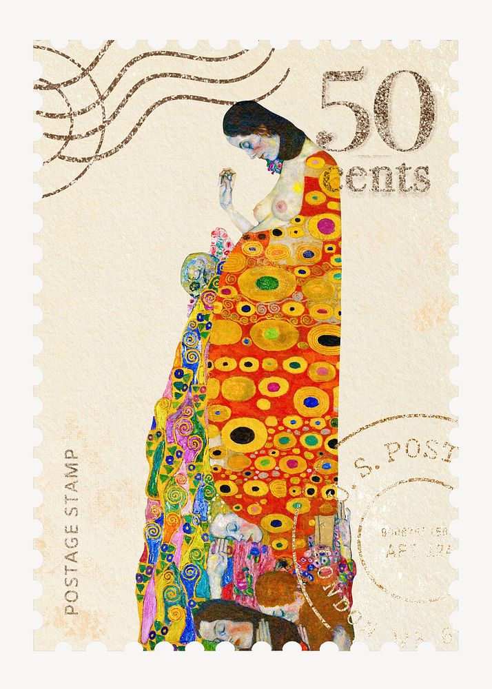 Vintage Gustav Klimt's Hope II postage stamp, remixed by rawpixel