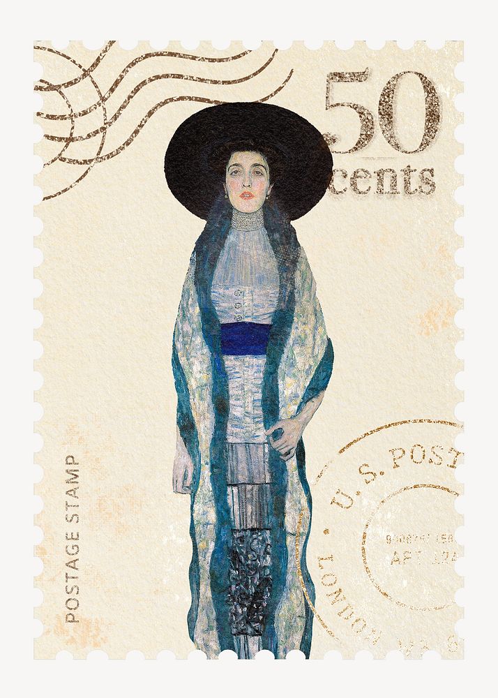 Gustav Klimt's famous painting postage stamp, Portrait of Adele Bloch-Bauer artwork, remixed by rawpixel