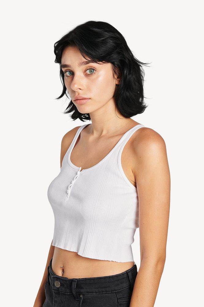 Woman in white crop top isolated image