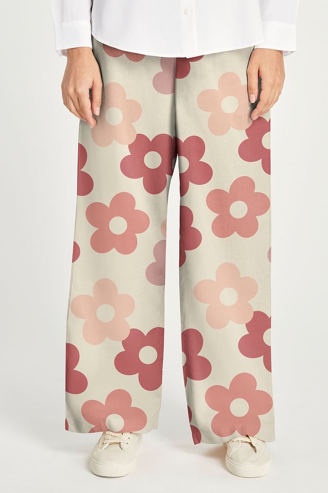 Woman wearing floral trousers mockup with a graphic pattern
