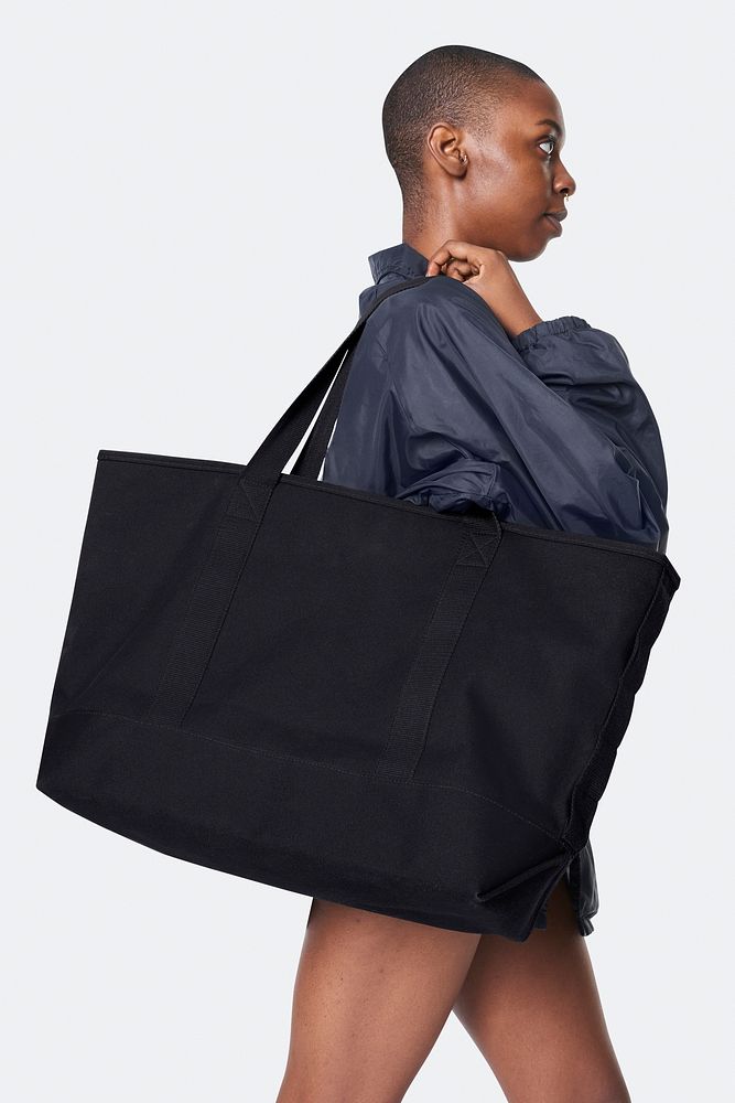 Black girl with a black oversized blank tote bag