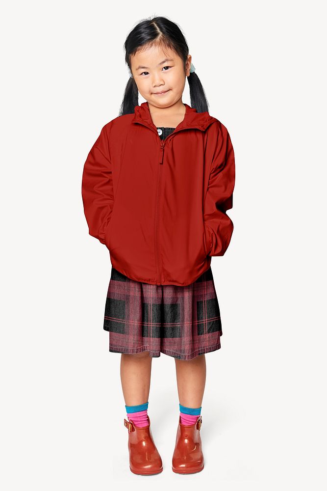 Girl's red jacket mockup, editable full body apparel & fashion