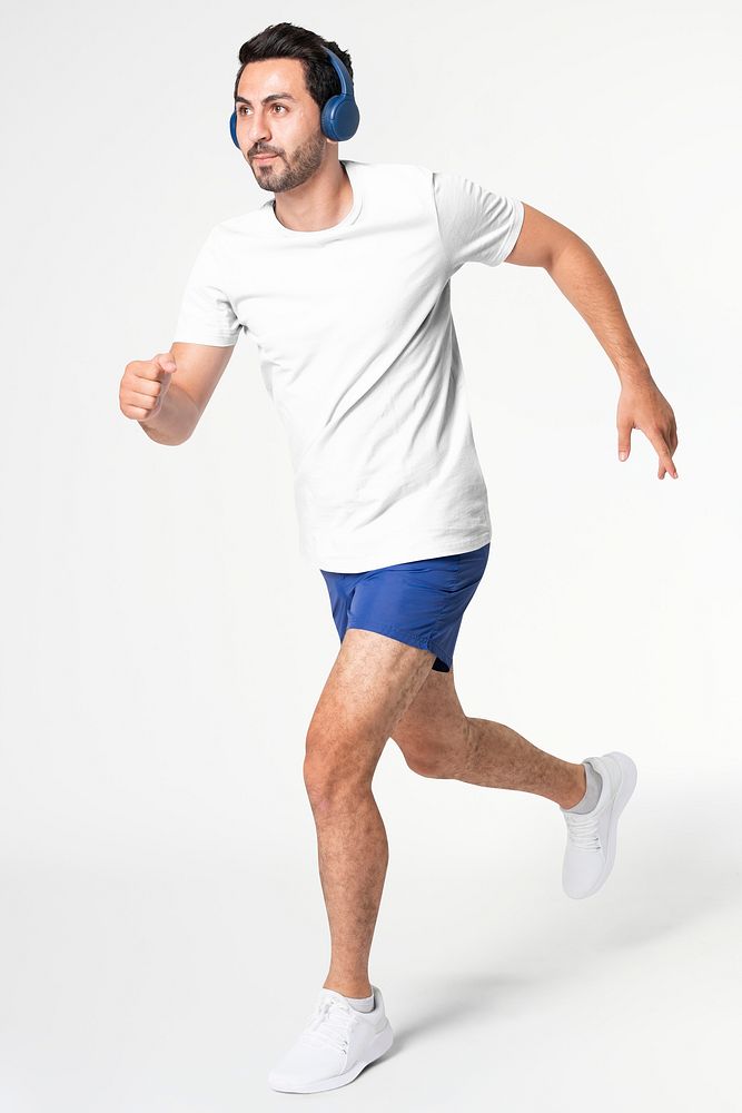 White t-shirt mockup psd with blue shorts men&rsquo;s sportswear apparel full body