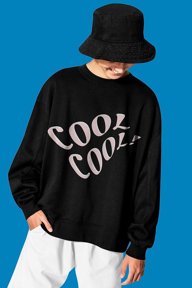 Black sweater mockup psd with COOL typography winter apparel shoot