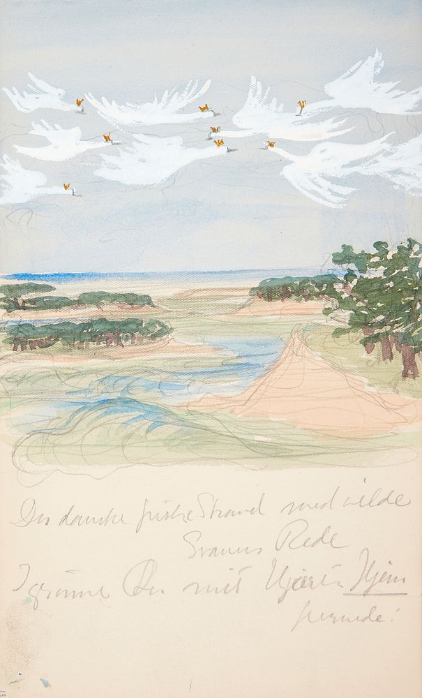 Swans in flight."The Danish fresh beach with wild swans' nest" by Agnes Slott-M&oslash;ller
