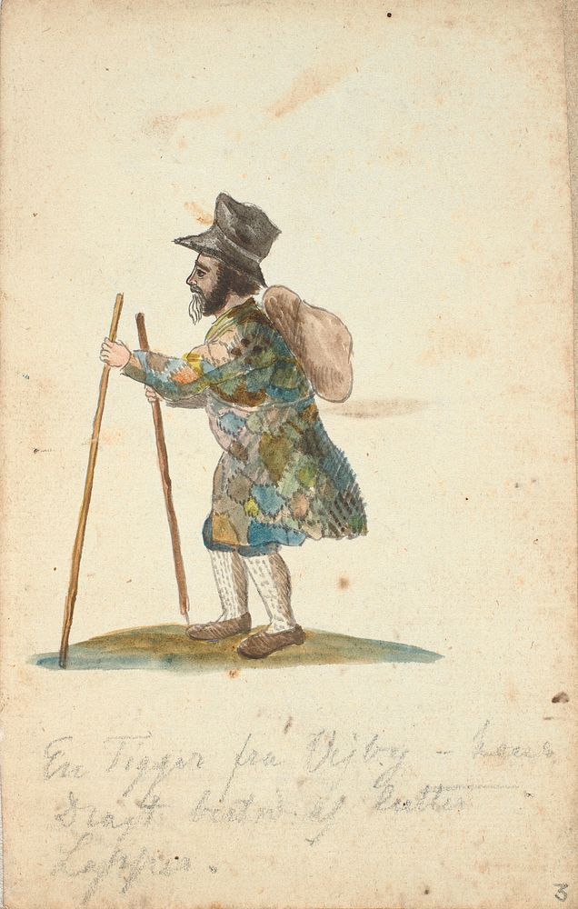 A walking man in a very variegated coat, with a bundle on his back.He has a cane in each hand. by P. C. Skovgaard