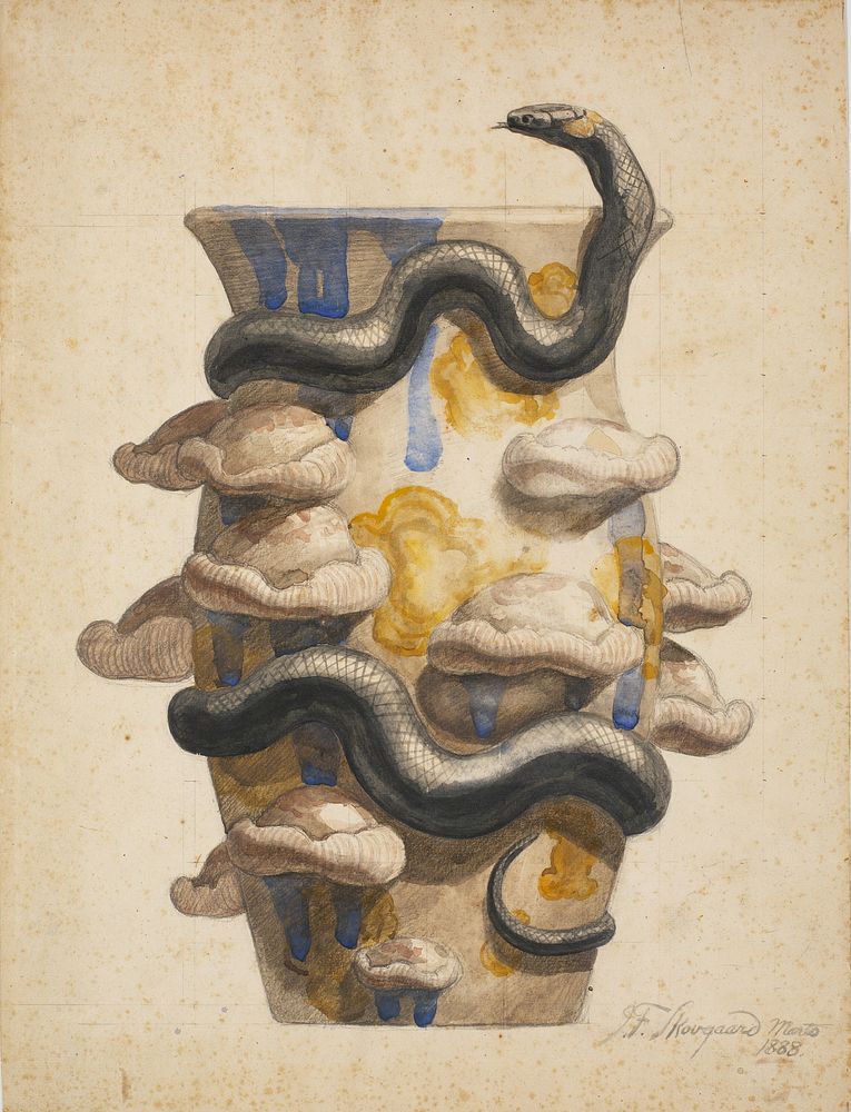 Preparation for vase decorated with plastic snake and mushrooms by Joakim Skovgaard