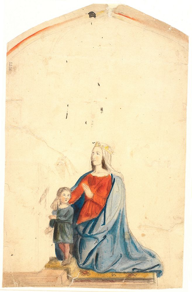 A queen kneeling with her hand on her little son's shoulder by Dankvart Dreyer