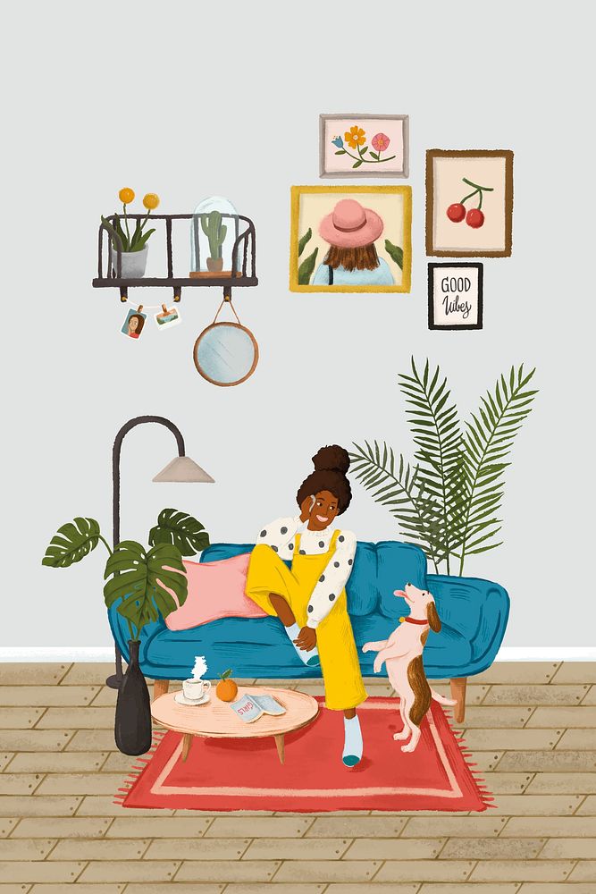 Girl talking on phone in living room illustration