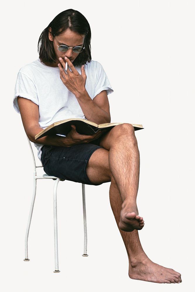 Man smoking while reading a book