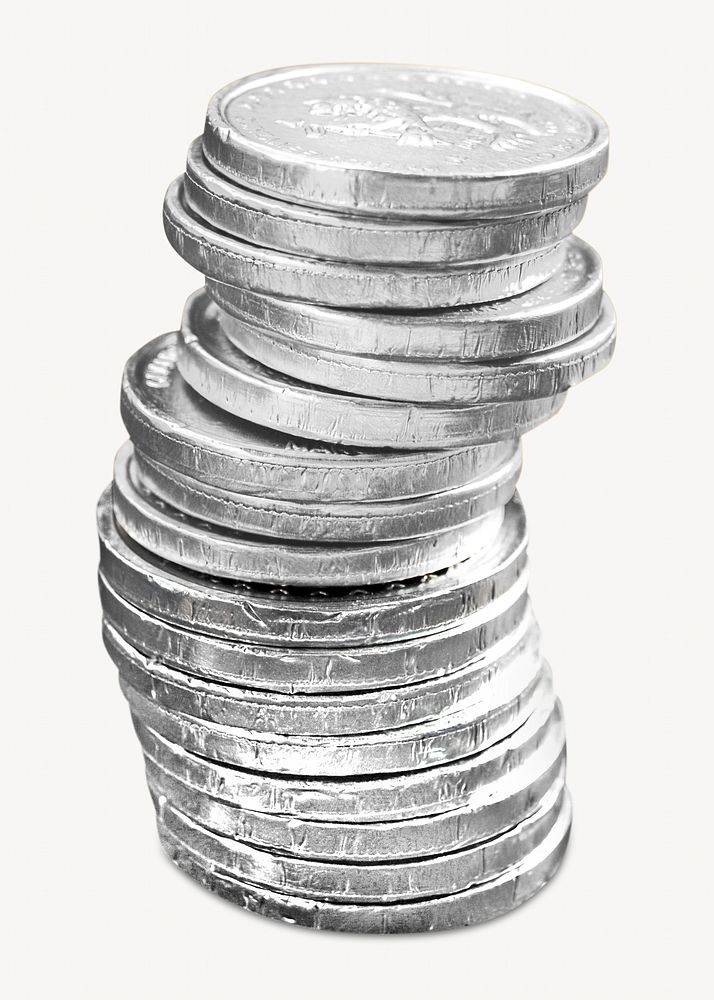 Stack silver coins, isolated object