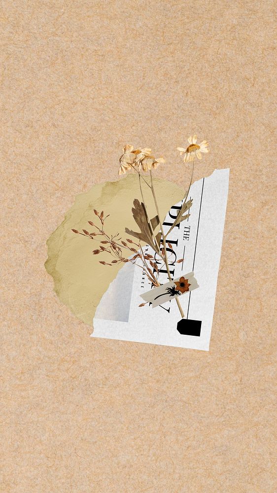iPhone wallpaper aesthetic flower torn paper, circle, brown background