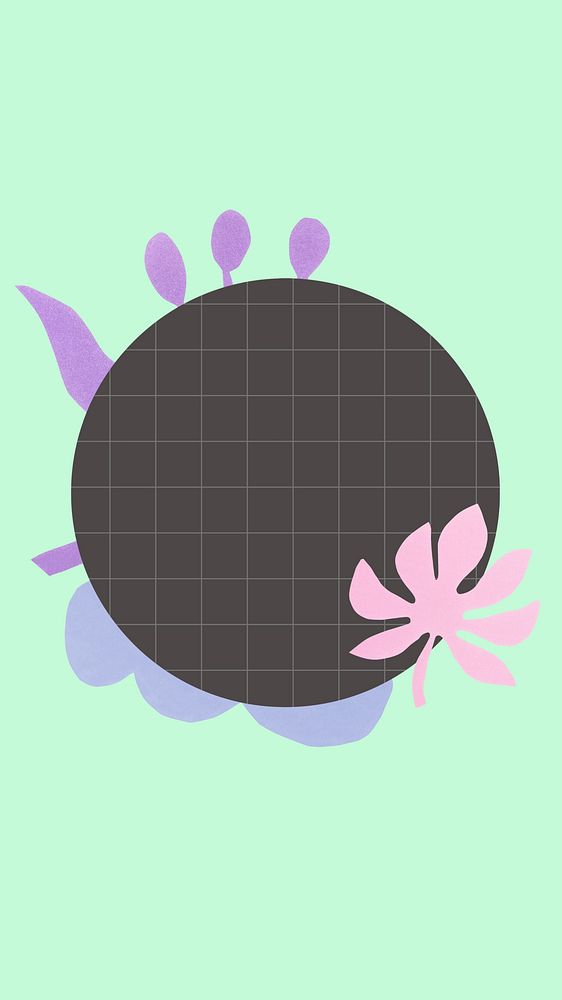 Colorful phone wallpaper, black circle grid paper with cute doodles on green background