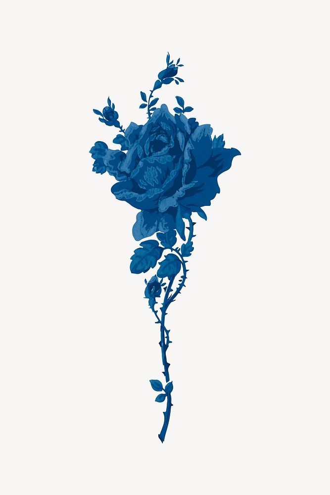 Blue vintage rose painting vector, blue, monochromatic