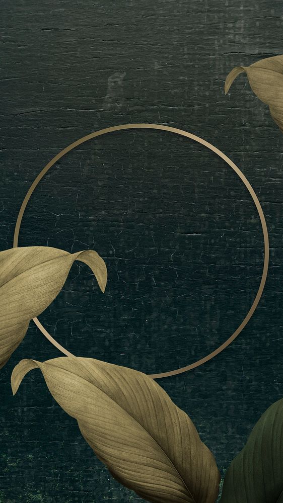 Dark botanical mobile wallpaper, round gold frame