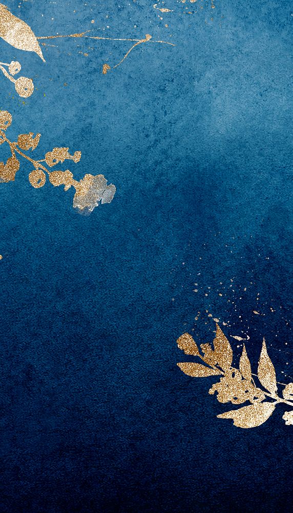 Dark blue watercolor iPhone wallpaper, gold leaf border