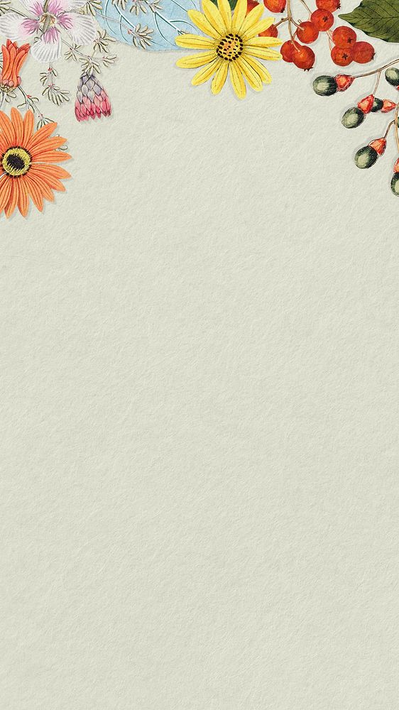 Flower aesthetic border phone wallpaper, beige textured background