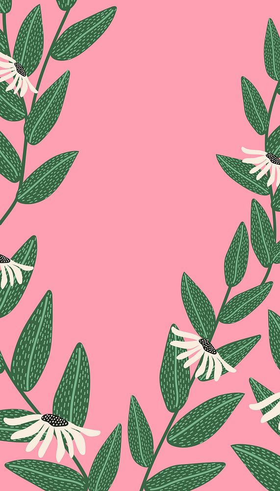 Pink botanical iPhone wallpaper, leaf branch border