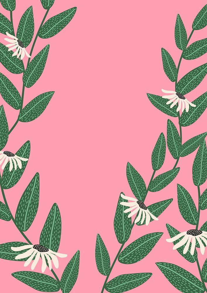 Pink botanical background, leaf branch border