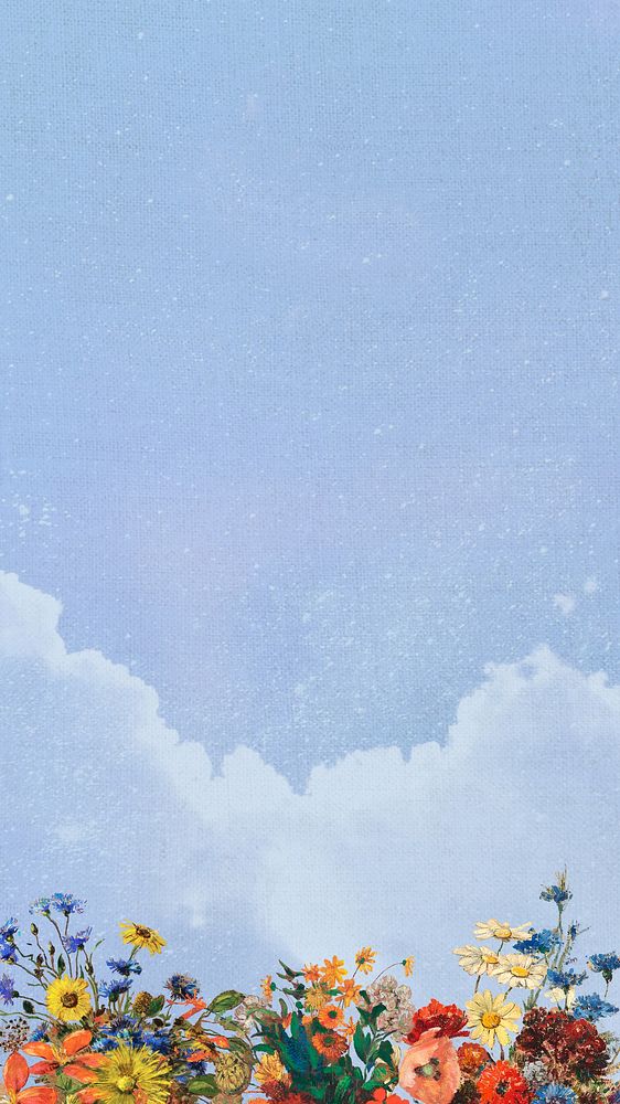 Aesthetic blue sky iPhone wallpaper, flower border