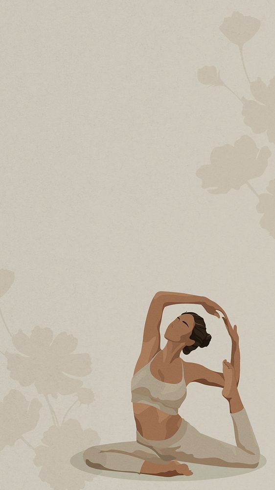 Yoga woman iPhone wallpaper, greige botanical border