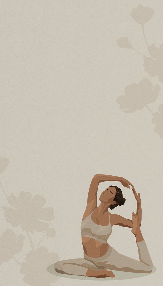 Yoga woman iPhone wallpaper, greige botanical border