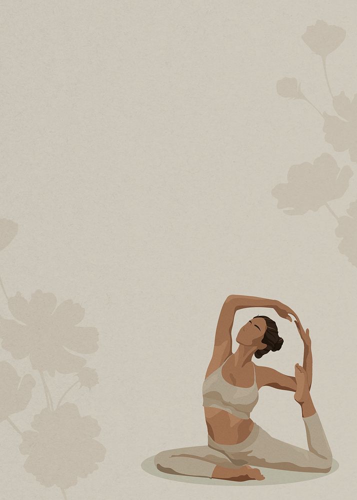 Yoga woman background, greige botanical border