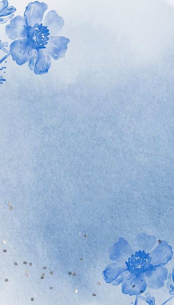 Blue watercolor flower iPhone wallpaper, botanical border