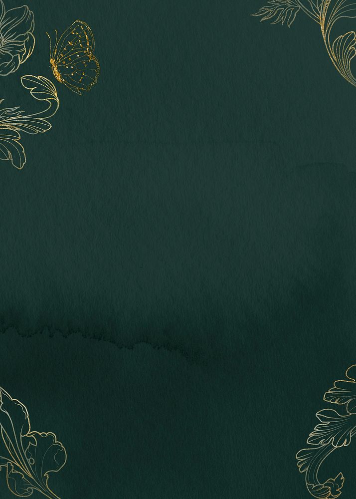 Dark green watercolor background, gold flower border