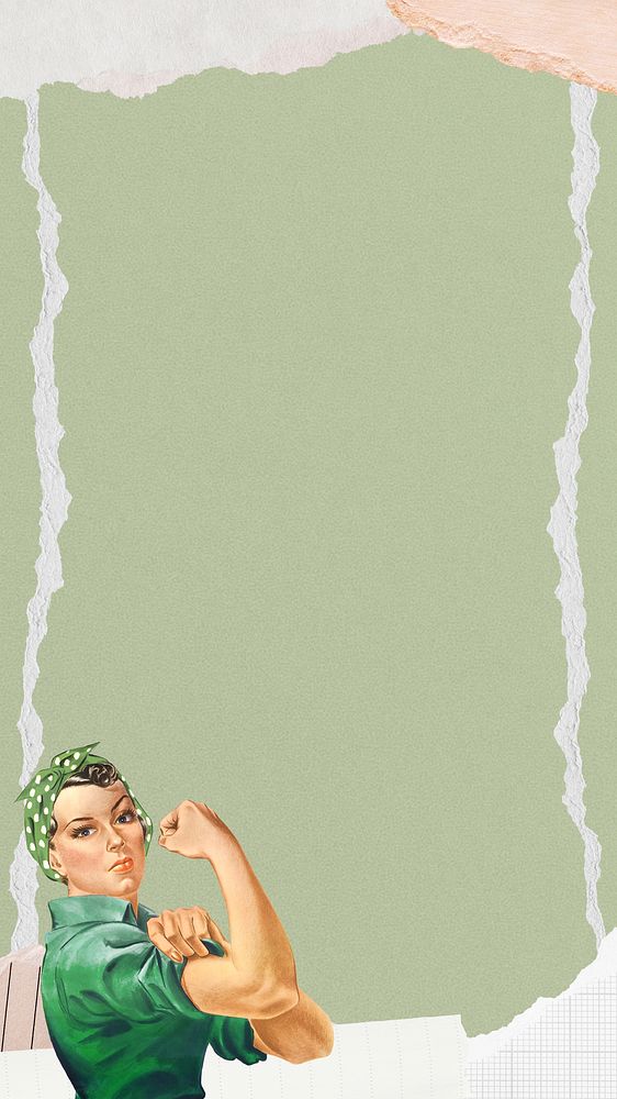 Pastel green paper iPhone wallpaper, woman flexing bicep border