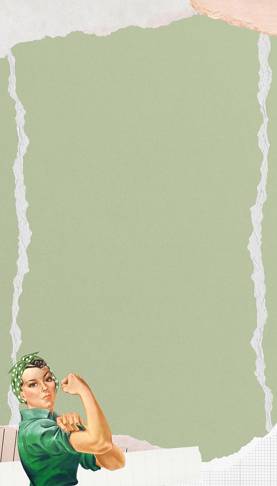 Pastel green paper iPhone wallpaper, woman flexing bicep border