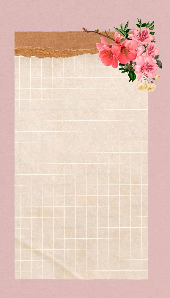 Beige grid paper  iPhone wallpaper, pink flower design