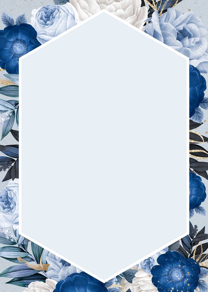Winter flower frame, blue hexagon shape design