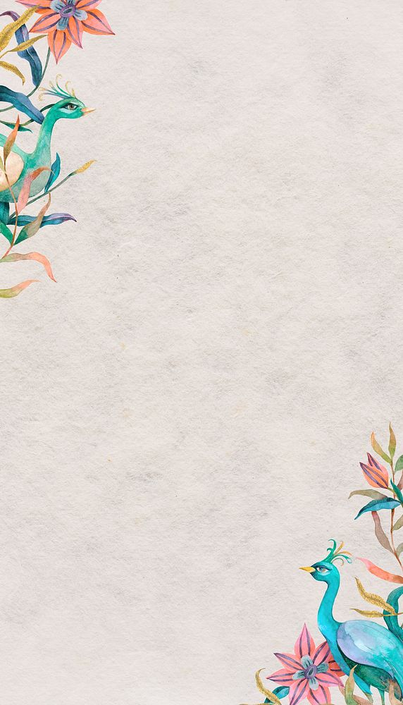 Beige textured iPhone wallpaper, vintage peacock border