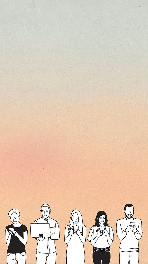 Pastel orange iPhone wallpaper, people texting border