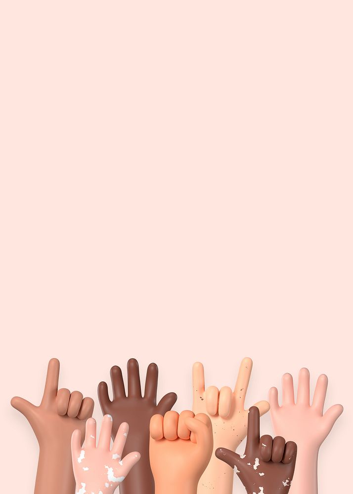 Raised diverse hands background, 3D border
