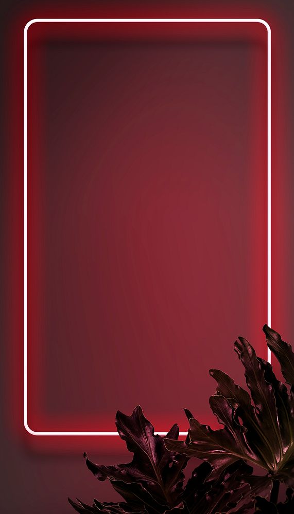 Neon red frame iPhone wallpaper, leaf border