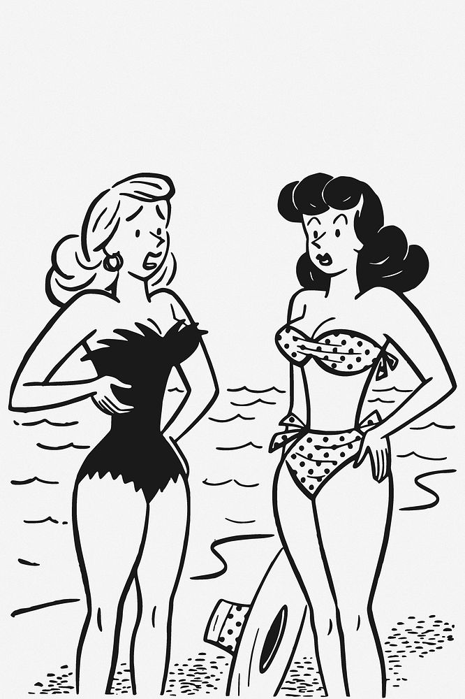 Women chatting on the beach illustration. Free public domain CC0 image.