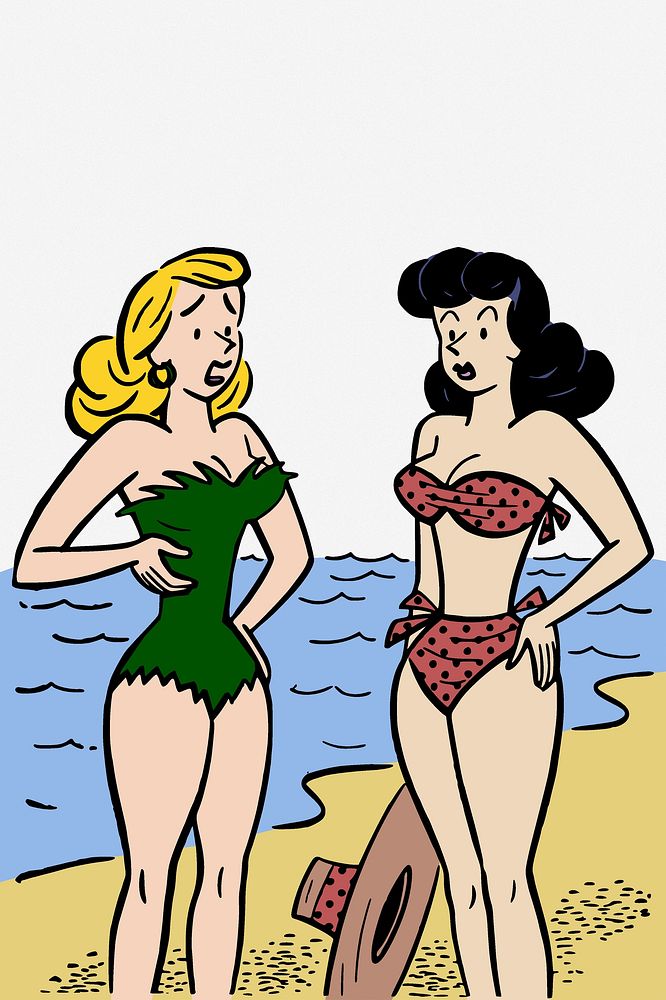 Women chatting on the beach illustration. Free public domain CC0 image.