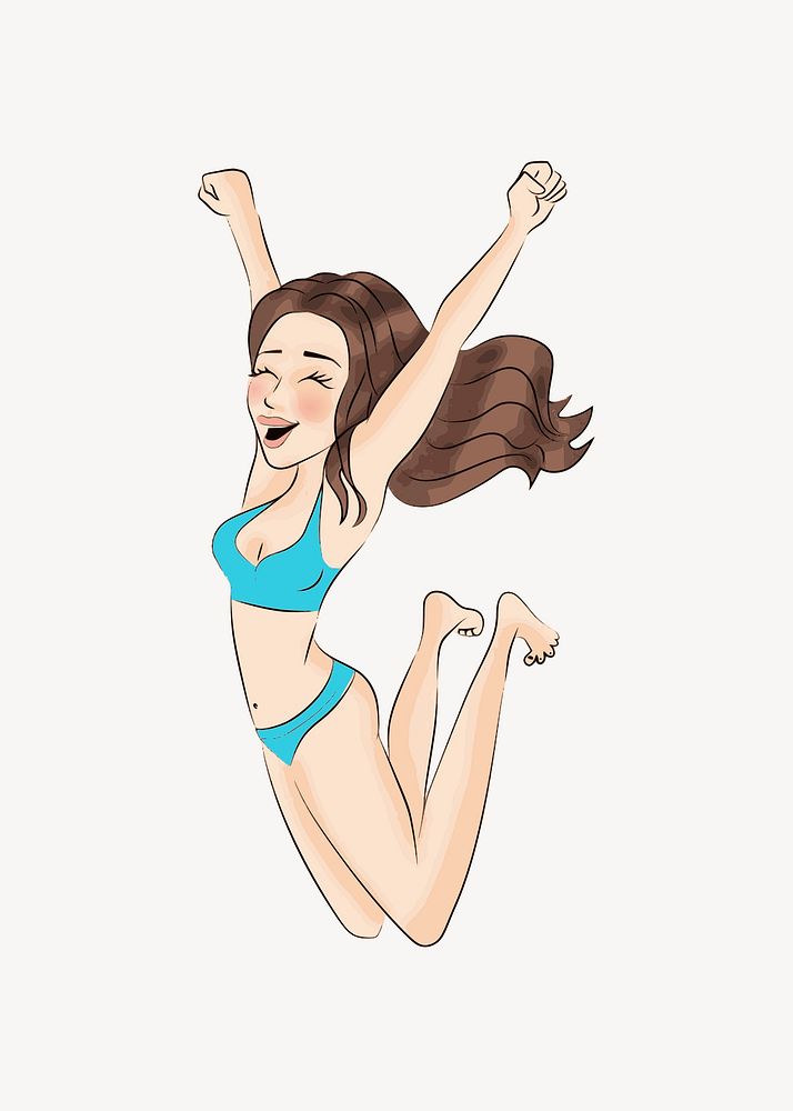 Woman swimsuit jumping illustration, clip art. Free public domain CC0 image.