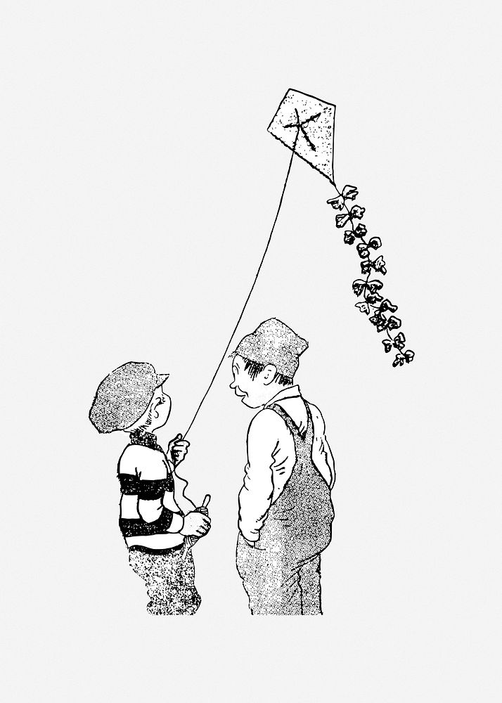 Vintage child kite illustration, clip art. Free public domain CC0 image.
