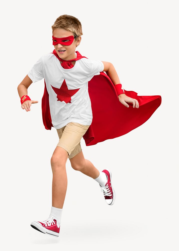 Boy playing superhero isolated image on white