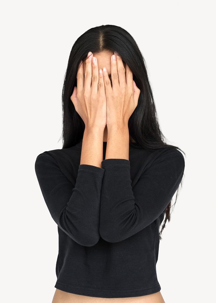 Woman covering face isolated image on white