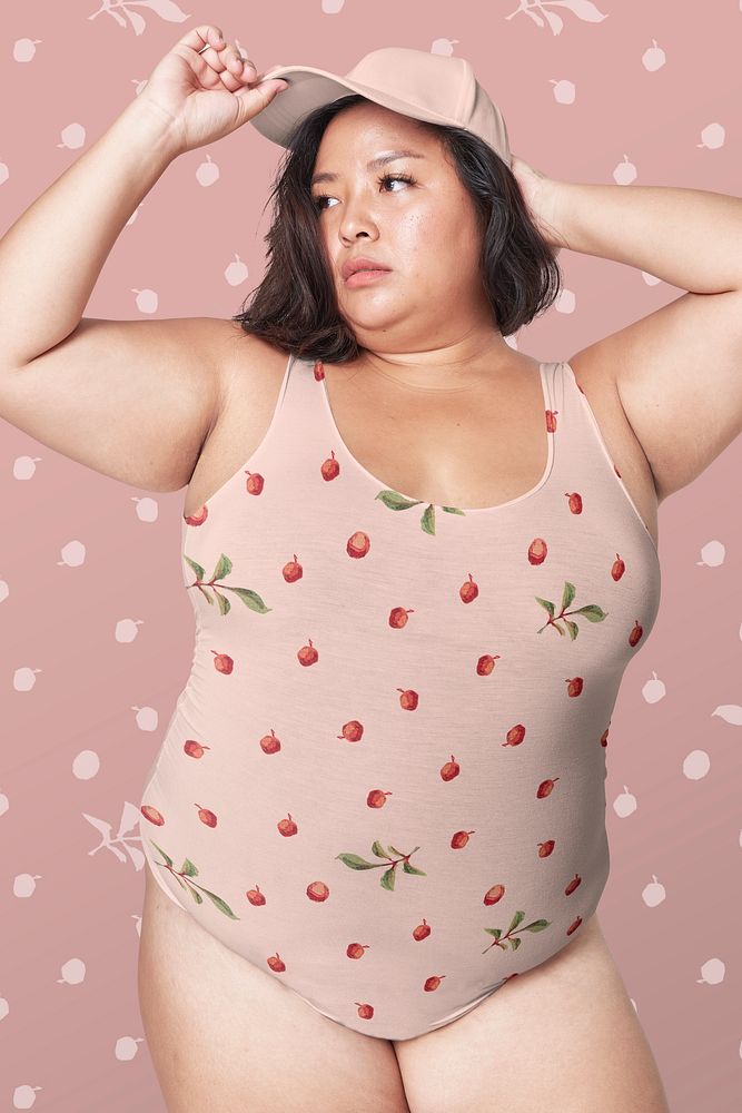 Size inclusive swimwear mockup with floral pattern psd, remix from artworks by Megata Morikaga
