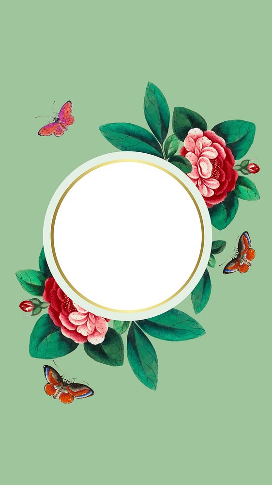 Vintage phone wallpaper, round shape with flower illustration on green background