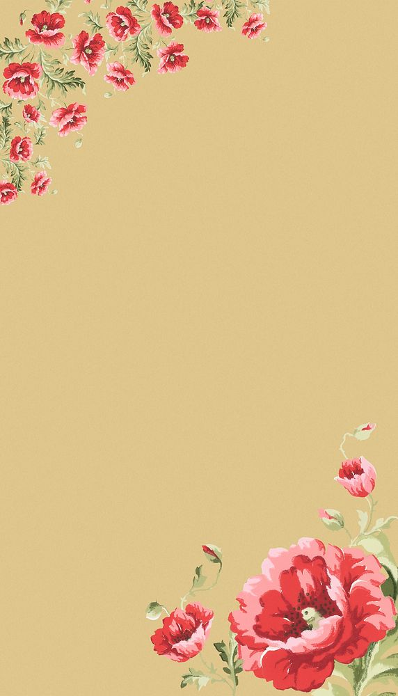 Brown iPhone wallpaper, poppy flower border. Remixed by rawpixel.