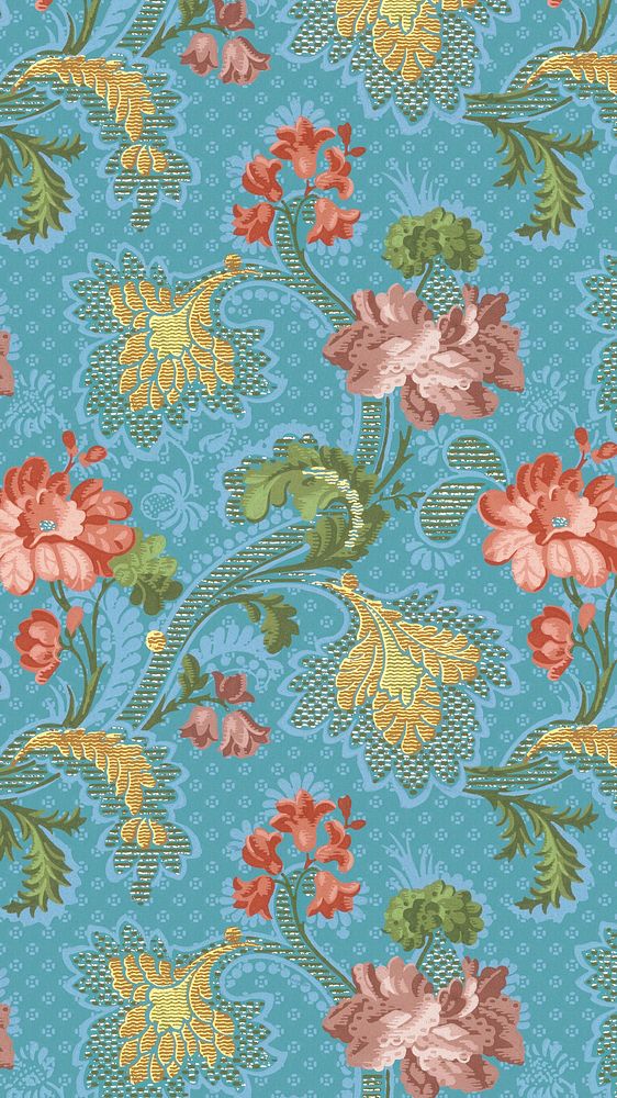 Vintage floral pattern iPhone wallpaper, blue background. Remixed by rawpixel.